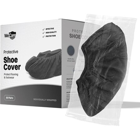 Wecare Protective Shoe Covers, Individually wrapped, 50 Pairs, Black, 50PK WMN100108